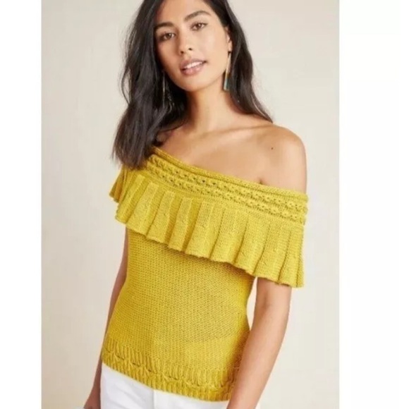 NWT Anthropologie Ruffled Off The Shoulder Knit Top in Mustard Size XS - Picture 3 of 12
